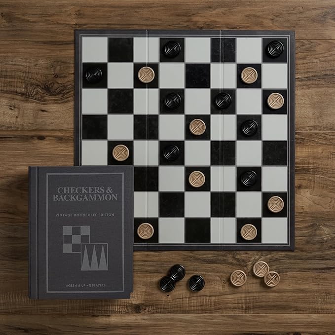 Checkers and Backgammon Vintage Bookshelf Edition by WS Game Company Linen Wrapped Book Box &amp Slipcase - Reversible Board Wooden Pieces - Checkers and Backgammon Sets for Adults &amp Kids Ages