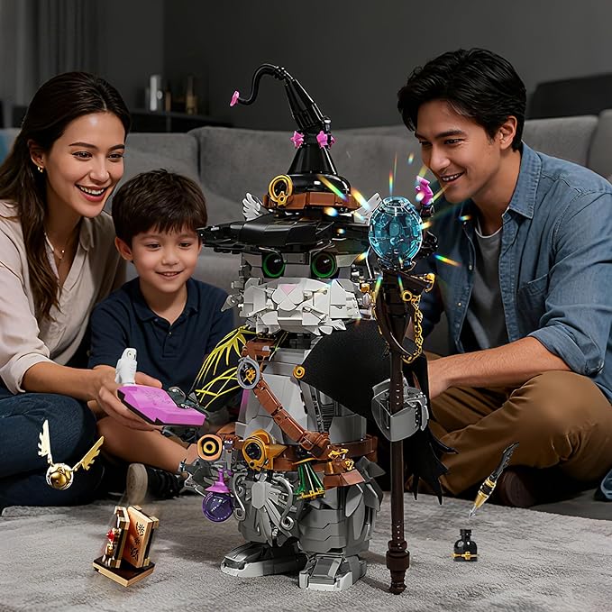 Magic School Wizard Cat Building Set 1458 Pieces Sorcerer Kitten Model Kit with Magic Staff Flying Golden Ball &amp Owl Fantasy Animal Construction Toy Witchy Home Decor Gift for Adults &amp Teens