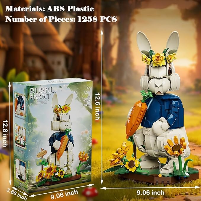 Easter Bunny Building Set with Carrot &amp Sunflower Base 1258 PCS Bricks Blocks Rabbit Model Compatible with Lego Easter Creative Easter Gift for Kids and Adults