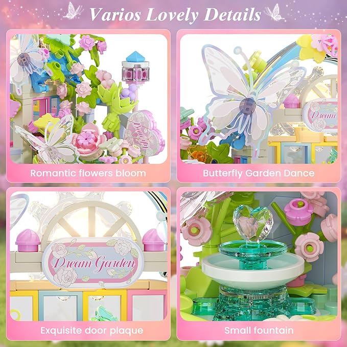 Flowers Butterfly House Building Set with LED 437PCS Botanicals Butterfly and Flowers Garden Building Blocks ToyBirthday Gifts for Girls Age 8-10