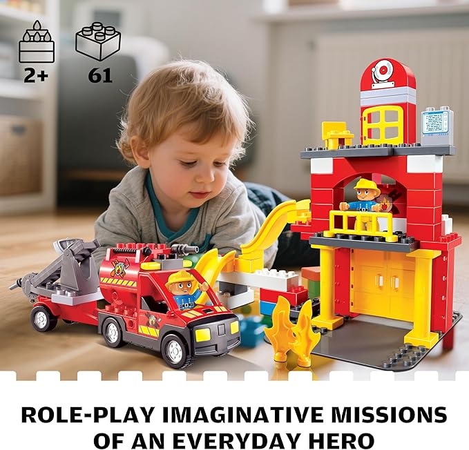 Fire Station Playset Fire Trucks for Toddlers 3-5 Classic Big Building Blocks Compatible with Lego Fire Station and DUPLOs for Age 3-5 Firefighter Gifts Firetruck Toys 3-5 Years Old