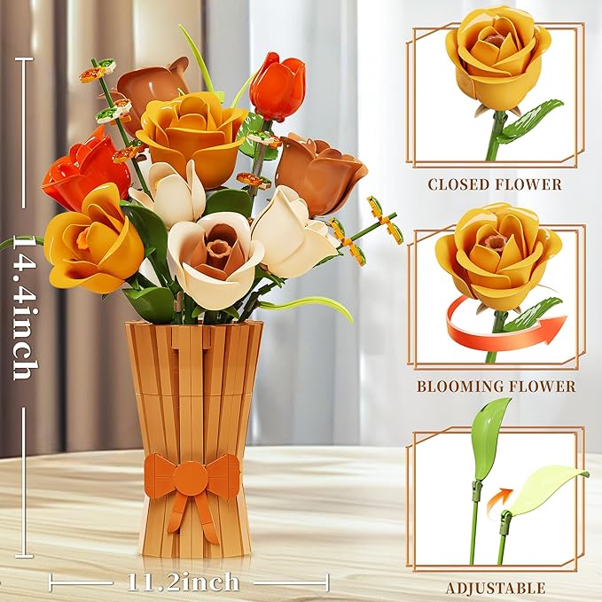 Flowers Set with Vase for Adults Compatible with Lego Flowers Icon Roses Bouquet Botanical Collection Kits Artificial Flower Set Valentines Day Gifts for Her Him Kids 14+ Home Office Decorations