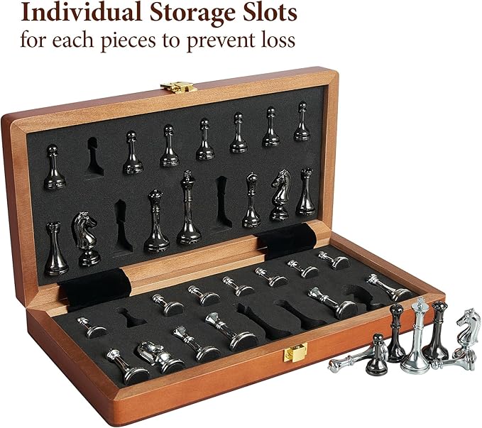 Metal Chess Set for Adults and Kids - 12 Inch Wooden Folding Chess Board and Metal Pieces Travel Portable Chess Set - Extra Queens &amp 2.5 King Ideal Gift for Chess Enthusiasts &amp Beginner