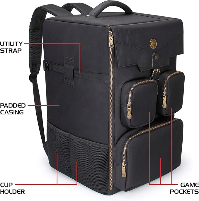 ENHANCE Board Game Backpack - Reinforced Rigid Board Game Storage with Padded Shoulder Straps Carrying Handle and Accessories Pockets for Dice Cards More - Fits and Protects Tabletop Adventures