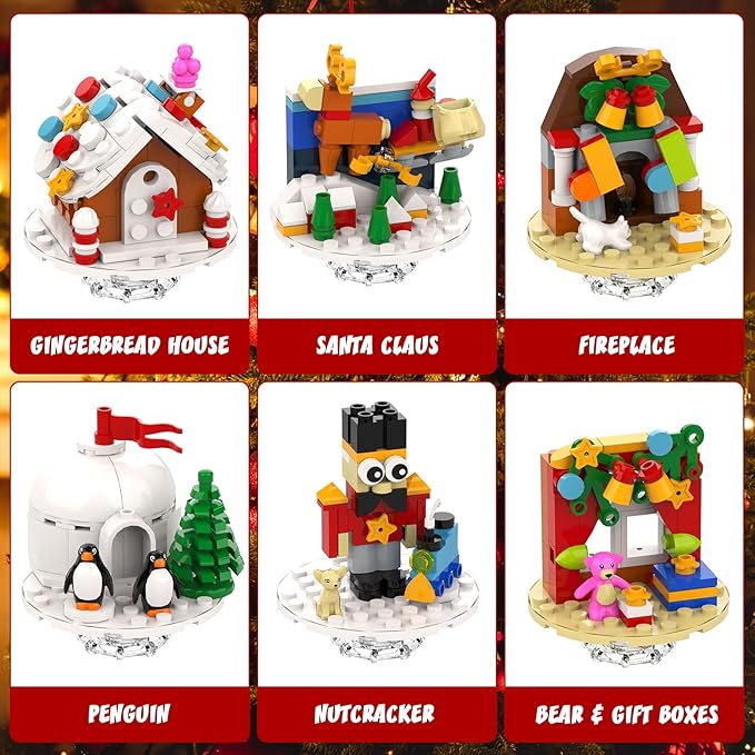 Christmas Tree Ornaments Building Set with Light Santa Claus Gingerbread House Nutcracker Penguin Bear Building Kit in Bulbs 6 Pack Xmas Decorations Stocking Stuffers Gift for Kids (405 PCS)