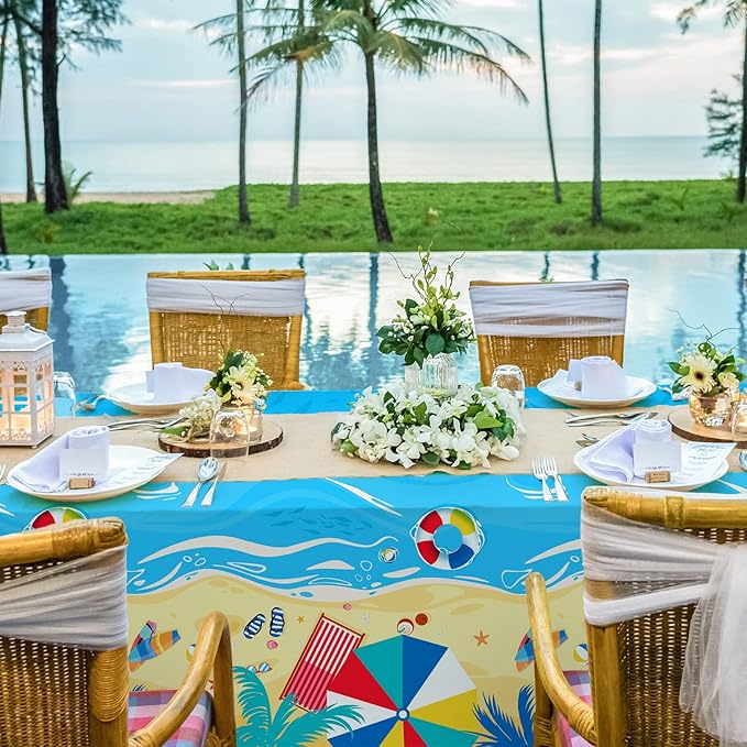 Beach Theme Party Supplies Summer Pool Pack Includes: Paper Dinner Plates Dessert Plates Luncheon Napkins Cups and Tablecloth for Hawaiian Party Birthday Decorations Serve 25