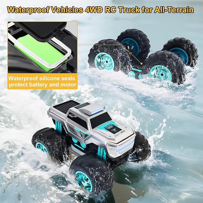 Waterproof Amphibious Remote Control Truck for Kids Gyroscope Self-Balancing Monster Truck with Wheelie Stunts LED Lights All-Terrain RC Car for Boys Girls Ages 6–12 Outdoor Pool Toy Gift