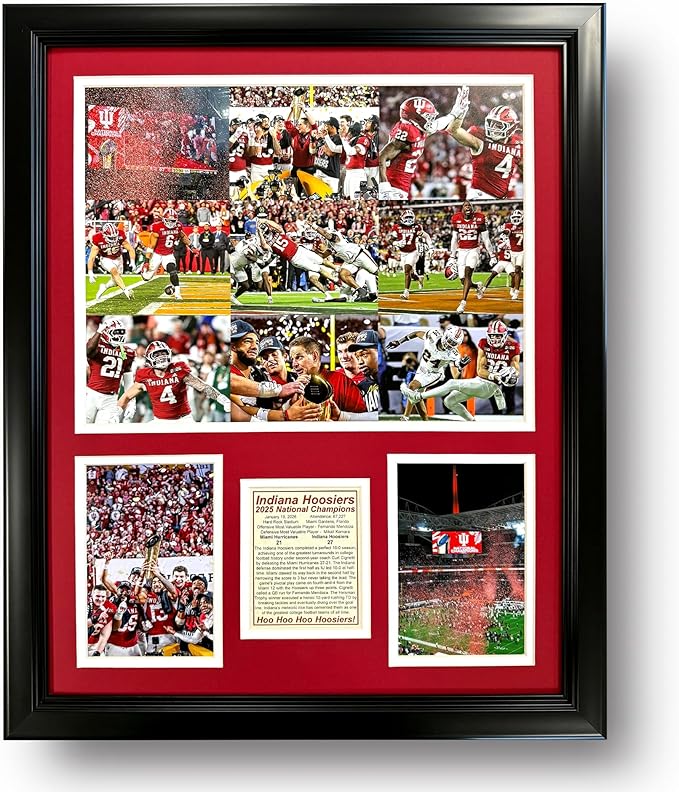 Indiana Hoosiers | 2025 CFP National Champions | Collectible Hoosier Football Memorabilia | Framed Picture &amp Photo Collage Gift Man Cave Wall Art Home &amp Room Decor | 2 Sizes &amp 2 Styles (