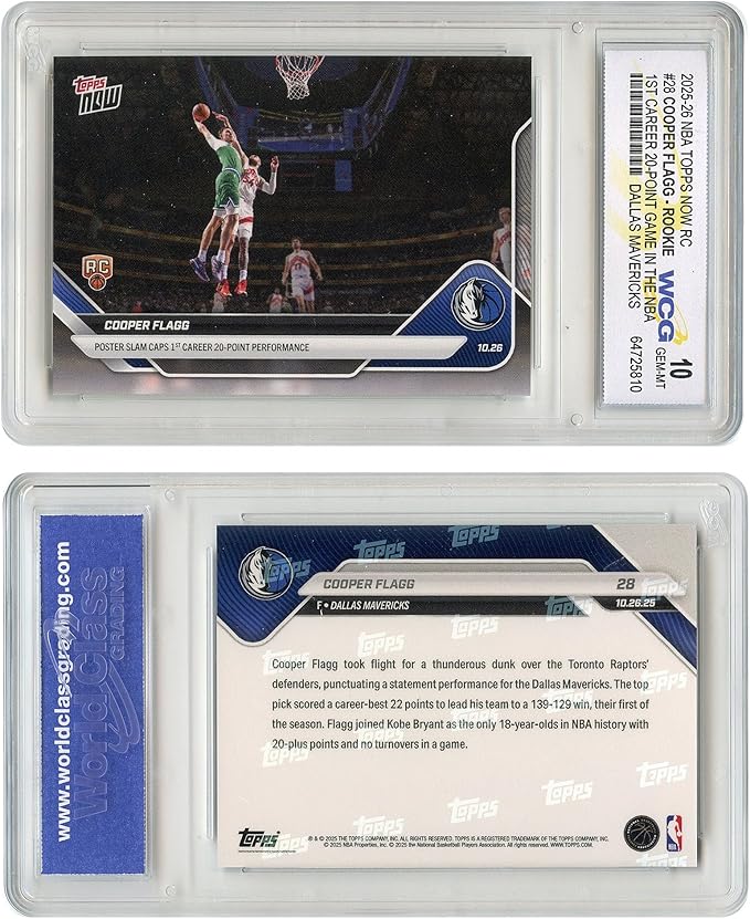 2025-26 NBA Topps Now Cooper Flagg Dallas Mavericks 1st 20-Point Game Ever Rookie Card #28 - Graded GEM-Mint 10