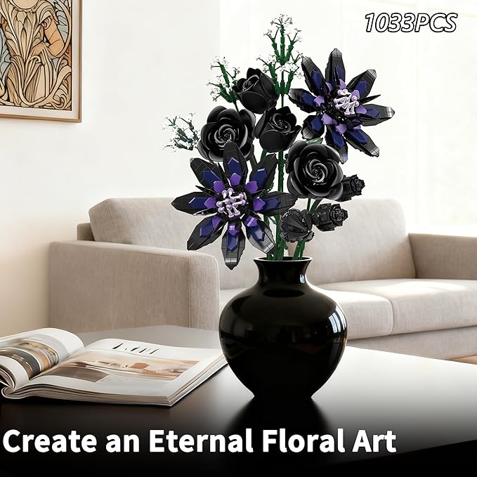 Flower Bouquet Building Set 12 Gothic Black Rose and Lotus Botanical Collection Building Block Toy Compatible with Lego Flowers for Adults Women Home Decor Gift for Valentine Mother's Day