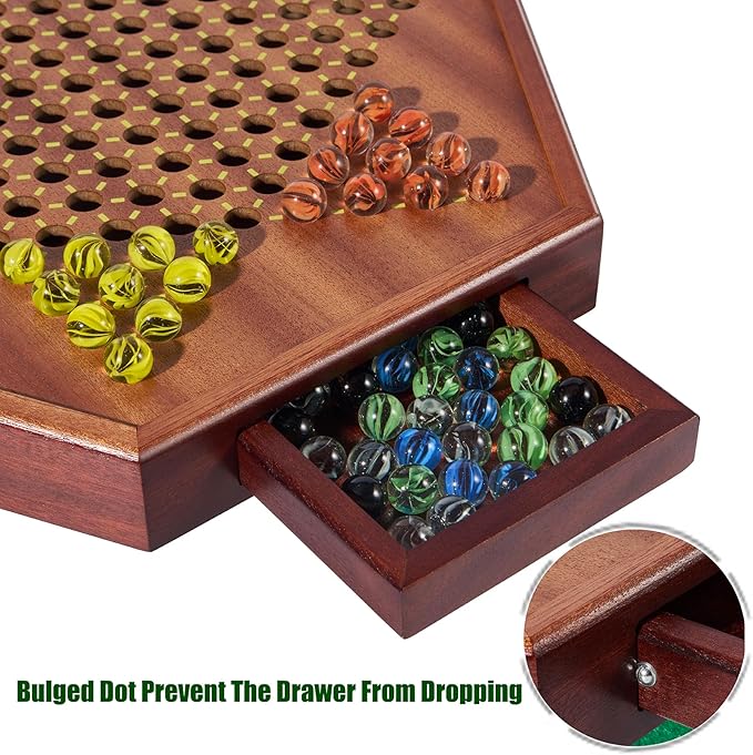 VAMSLOVE Chinese Checkers 15 Large Upgraded Version Wooden Game Board 16mm 60+12 Colorful Glass Marbles Easy Grasping for Adults and Kids w/Storage Drawer Fun for Family Gathering