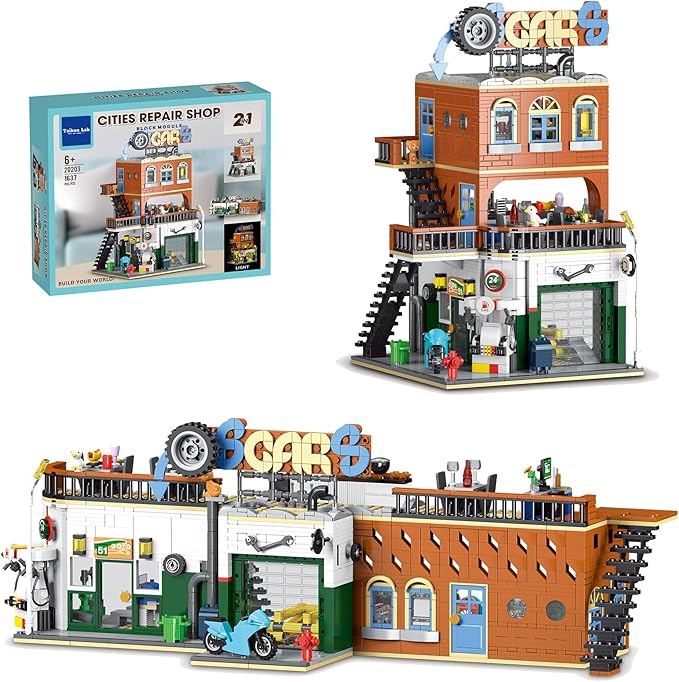2 in 1 Automotive Car Repair Shop Building Block Toy Set City House Model Kit with LED Light Bricks for Adults and Childrens Gift (1637 pcs)