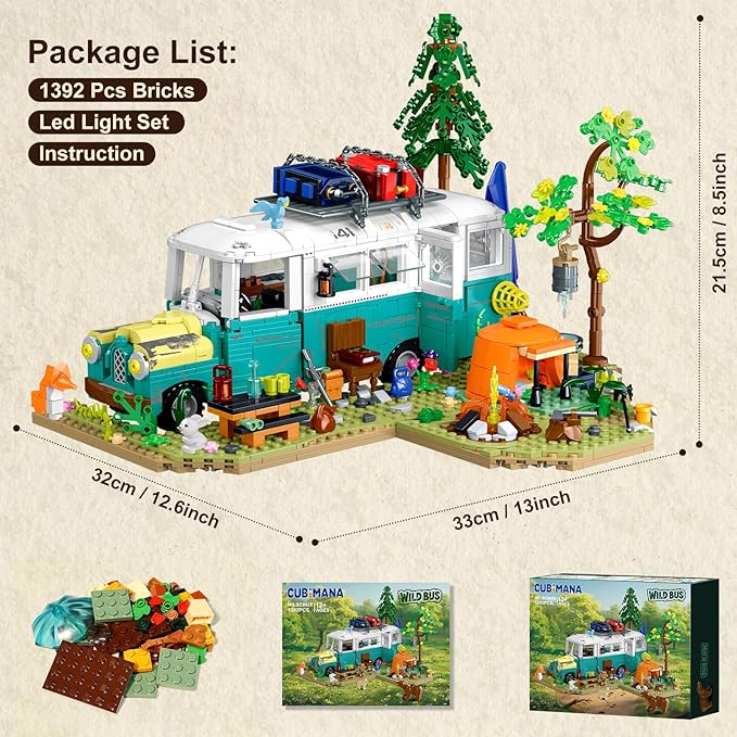 Wilderness Bus Building Set with Light 1392PCS Camping Building Toy Kit with Removable Bus Animals and Rich Accessories Creative Home Decor &amp Display Xmas Birthday Gifts for Adults Teens