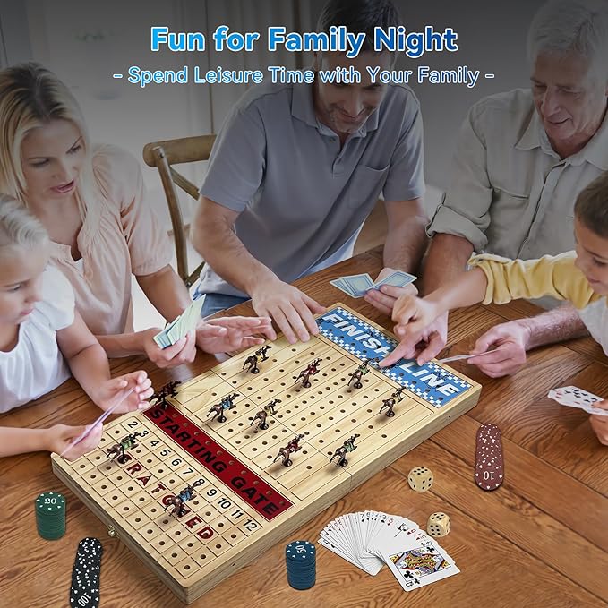 Large 23 inches Horse Racing Board Game with 11 Luxury Metal Numbered Horses Foldable Wood Horse Race Board Game with 2 Sets of Dice 2 Boxes of Cards 80pc Poker Chips for Parties and Gambling