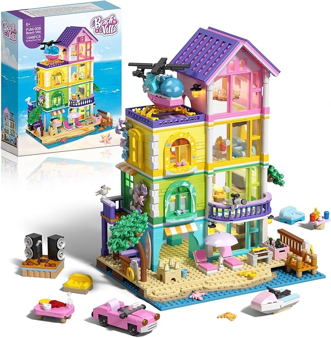 Beach House Building Set with Light NO Compatible with Lego Friend House for Girls Age 8-12 1346PCS Mini Bricks Seaside Villa Creative Holiday Cottage Building Kits for Girl 8-14