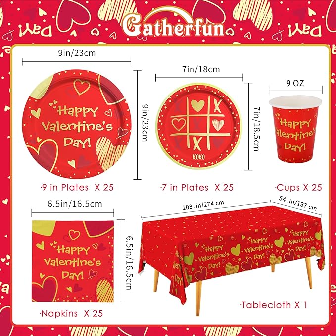 Valentine's Day Party Supplies Red Heart Love Disposable Paper Plates Napkins Cups plastic Tablecloth for Valentine's Day Engagements Anniversary Birthday Party Serve 25