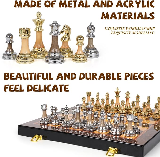 Luxury Large Metal &amp Acrylic Chess Set with Wooden Chess Board (17”) – Weighted Chess Pieces with 3.5” King Foldable Tournament Chess Set for Adults and Kids Professional Chess Game Set
