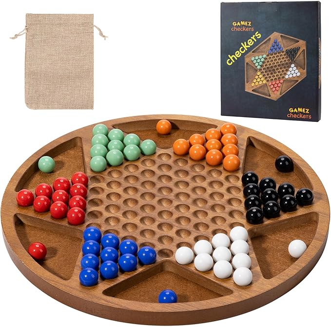 12-Inch Wooden Chinese Checkers Set - Classic Round Design with 60 Acrylic Marbles in 6 Vibrant Colors - Includes 12 Bonus Spare Marbles - Family Strategy Board Game for Kids and Adults