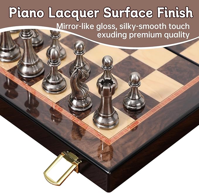 Ajedrez Luxury 15 Wooden Chess Set - Folding Board with Piano Finish | Weighted Metal Chess Pieces | Portable Travel Game for Adults &amp Kids | Premium Gift