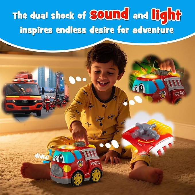 Remote Control Car 2.4G Cartoon Emergency Vehicle RC Fire Truck Engine Toys with Lights &amp Music Birthday Gifts for Toddlers Kids Boys &amp Girls 1-5 Years Old (Red)