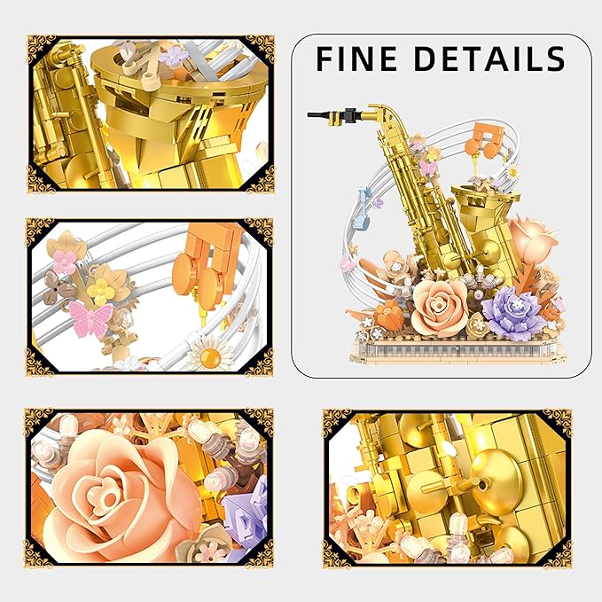 Mini Building Blocks Sets Flower Saxophone - 1000+PCS Musical Instrument Micro Building Bricks Kit Toy - Creative Ideals Collectible Architecture Decoration Gift for Adults(Saxophone Flower)