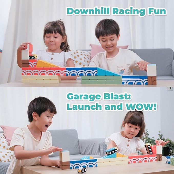 QBI Magnetic Blocks Play Starter Set – STEM Construction Toys &amp Race Car Track for Kids Ages 3-5+｜Educational Magnet Building Tiles with 2 Ramps &amp 4 Vehicles｜Montessori Gift for Boys &amp Gir
