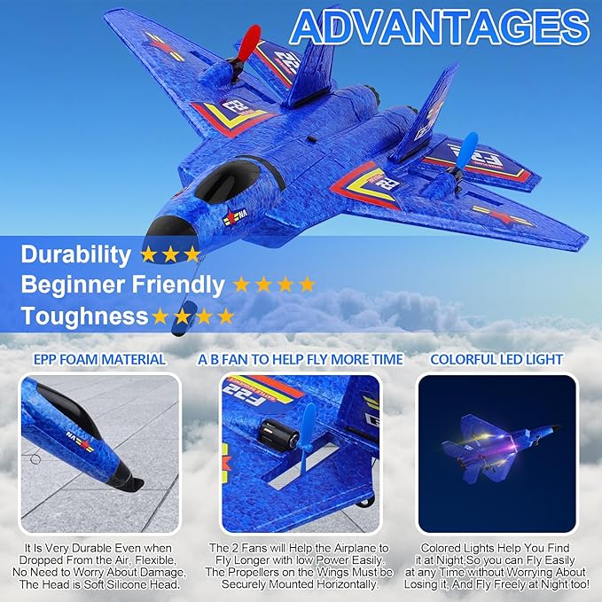 F22 RC Plane 2 Channel 2.4 GHz Remote Control Airplane Large RC Fighter Jet Toy with Lights Easy to Fly Gift for Kids Adults &amp Beginners