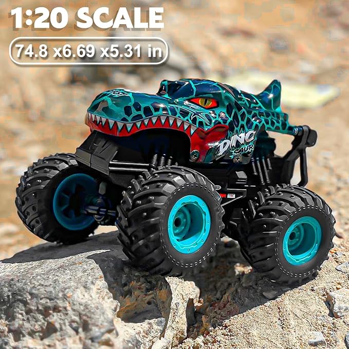 Gohero Monster Truck Toys 2.4Ghz Remote Control Monster Trucks for Boys Age 4-7 1:20 Dinosaur Toys with Light &amp MusicRC Truck with Stunt 360° Spin Walk Upright&amp Drift Dinosaur Toy for Ki