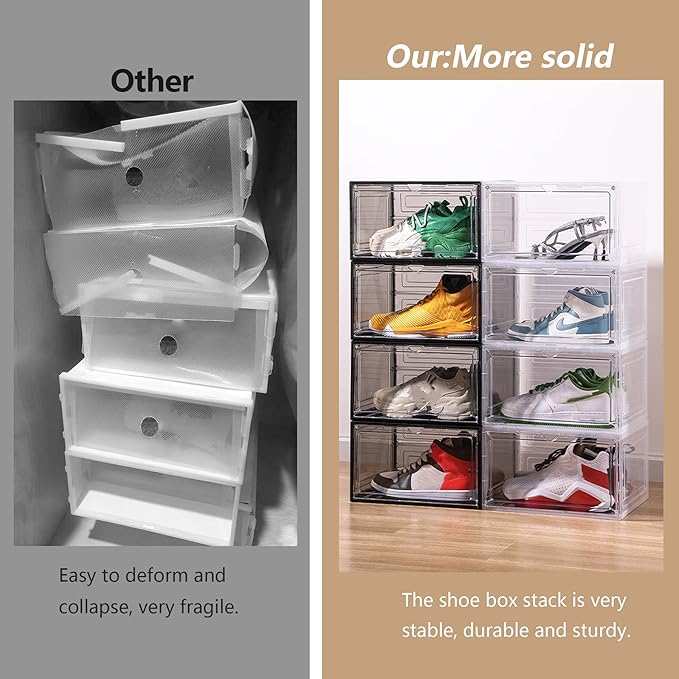 Attelite 8 Pack Shoe Boxes Clear Plastic Stackable Upgrade Large Shoe Storage Organizer Containers with Magnetic Door for Display Sneaker Easy Assembly
