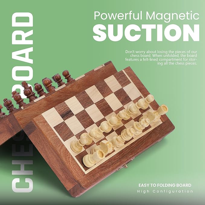 Ajuny Magnetic Travel Chess Set - Handcrafted Acacia Wood Foldable Board with Elegant Storage for All Ages