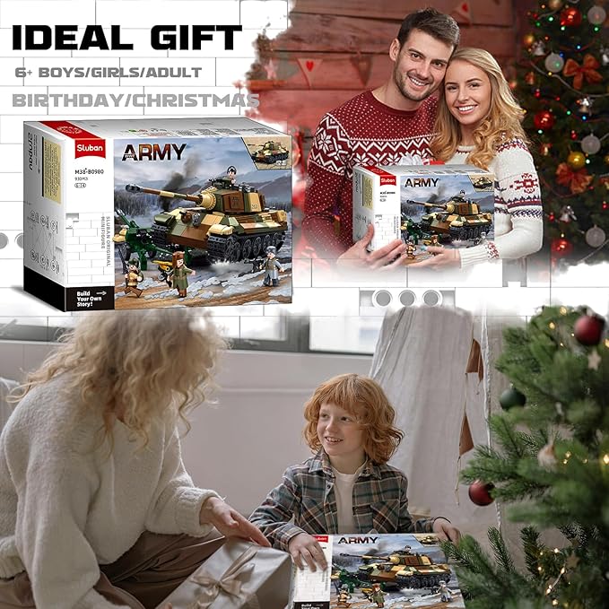 Sluban WW2 Tiger II Army Tank Building Kit Set Military Model Toys with 4 Soldier Figures Gifts for 6-12 Years Kids Old Army Toys Compatible with Lego Tank 930 PCS