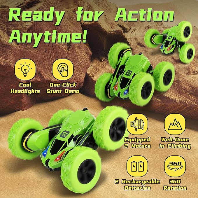 Threeking Remote Control Car RC Flip Stunt Double Sided Driving Cars Toys for Boys Girls Ages 6-12 4WD 360° Flips with Breathing Soft Lights Presents Gifts Green