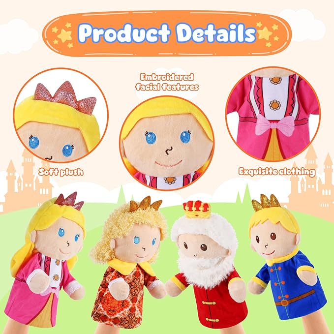 6 Pcs Castle Hand Puppets Fairy Tales Queen &amp King Princess &amp Prince Elf &amp Witch Plush Toys Role-Play Toy Puppets for Kids Storytelling Imaginative Pretend Play Teaching Preschool(6 Cart
