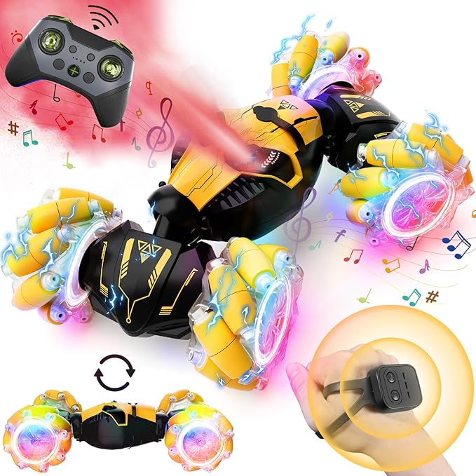 Remote Control Car for Boys 8-12 4WD Gesture Sensing RC Stunt Car 2.4Ghz with Lights Music Sprayer RC Cars for Boys Age 4-7 8-12 Hand-Controlled Cars Toys Birthday Gifts for Kids Girls Yellow