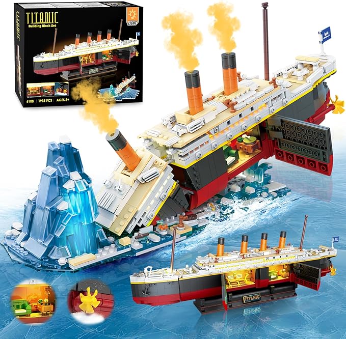 2 in 1 Titanic Building Set with Lights 1935 PCS Titanic Ship Mini Building Block Kit with Glacier Display Stand Home Decor Ship Model Birck Toy Gift for Adults Teens Boys Girls 12+