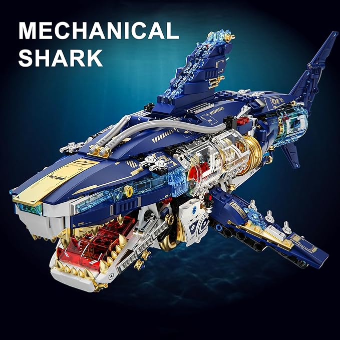 BNG Mechanical Shark Building Sets for AdultOcean Animal Building Block with Display Stand and Light Sea Fish Collection STEM ToyHome Office Decor and Idea Gift for Teen Boys 8-14 (1277PCS)