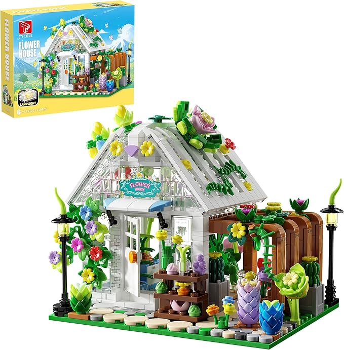 Flower House Building Set with Lights Garden House Building Toy Kits Compatible with Trend Creative Greenhouse Playset Christmas Birthday Gift for Adults or Girls 8-12 Years (719PCS)