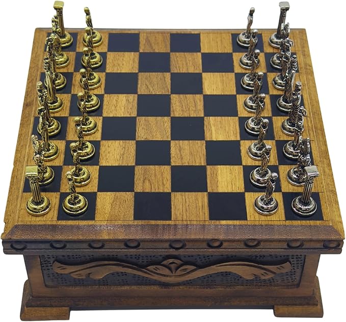 Wooden Chess Set with Storage – Handcrafted Chess Board and British Figure Metal Chess Pieces – Decorative Chess Game for Adults &amp Kids – Premium Gift for Family &amp Friends (Gold Chess Pieces)