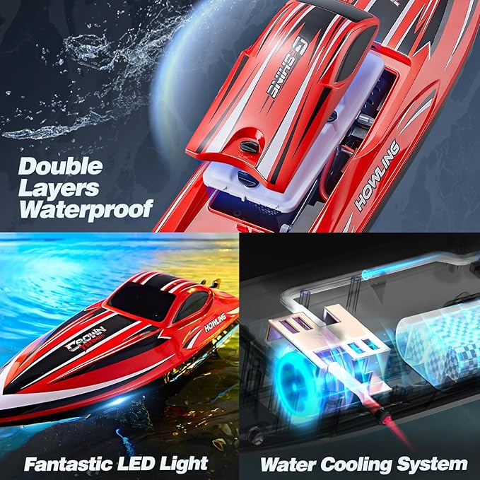 BEZGAR RC Boat 16 inch Big Brushless Remote Control Boat for Adults and Kids 55 KPH Large Fast RC Speed Boats with 2000mAh Battery Ideal Waterproof Toy Boats for Lakes - HJ818PRO Red