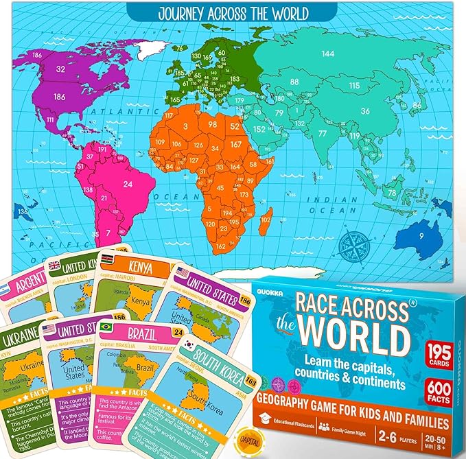 QUOKKA Board Games for Kids 8-12 - Family Games for Kids and Adults - Journey Across the World Card Game Ages 5-9 - Learn Capitals Flags Facts and Map Locations with 195 World Map Cards