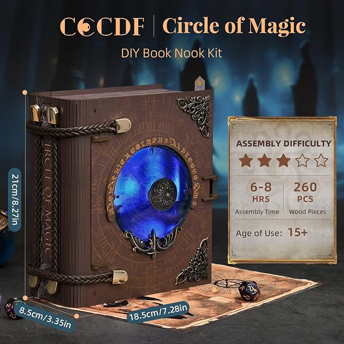 Book Nook Kit DIY Miniature Dollhouse Magic Booknook Kit 3D Wooden Puzzle Bookend Bookshelf with LED Light for Adults Teens (Circle of Magic)