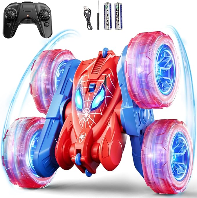 Spider Remote Control Car 360° Stunt RC Cars for Kids Ages 6-12 Double-Sided Rotation 4WD Cool Wheel Lights&amp2.4GHz Control Rechargeable Electric Race Car Toys Gift for Boys Girls (Red&ampBlue