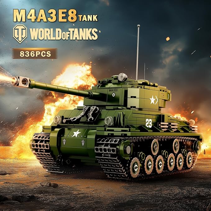 Reobrix M4A3E8 Sherman Tank Building SetWW2 Military American Armed Tanks Building Block Set for Military FansWorld of Tanks Authorized Products 77030Ideal Gift for Adults Boys Age 14+836 PCS