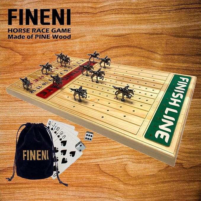 Horse Racing Board Game with Luxurious Durable Metal Horses 11 Pieces Black Real Pine Wood Horseracing Game Board Dice and Cards