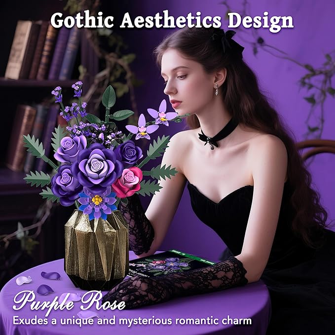 Purple Roses Flower Bouquet Building Sets 834PCS Artificial Flowers Botanical Collection Compatible with Lego Flowers for Adults Gothic Decor Valentines Day Gifts for Her Women Wife Girlfriend Mom