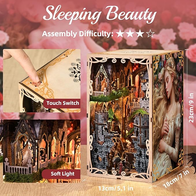 Book Nook Kit - DIY Miniature House 3D Wooden Puzzle for Adult and Teens Booknook Bookshelf Decor Scale Model Build with LED Light Gifts for Family and Friends (Sleeping Beauty)