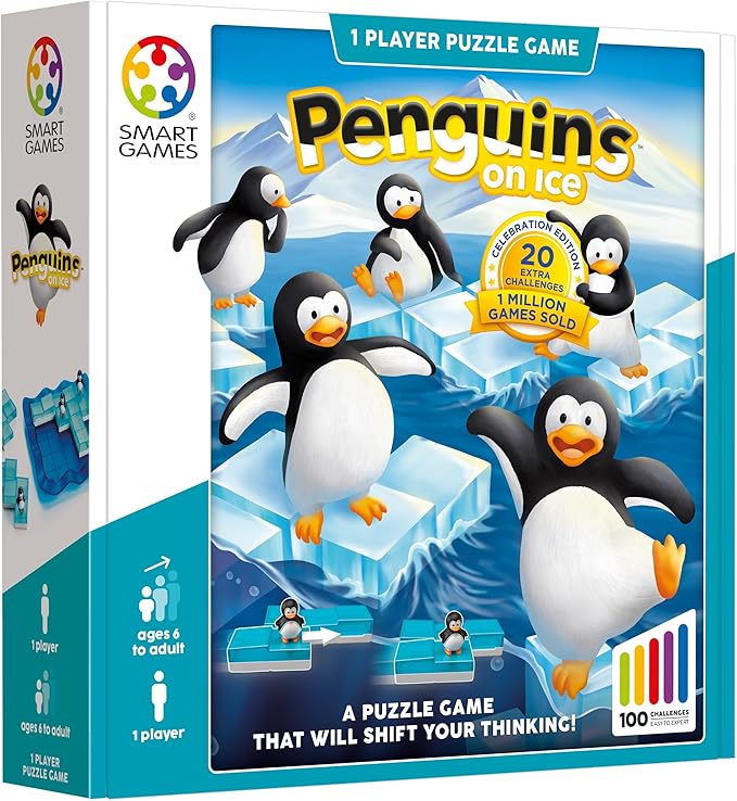 SmartGames Penguins on Ice – Sliding Logic Puzzle Game with 60 Challenges STEM Brain Teaser for Kids Ages 6+ Travel-Friendly Single Player Puzzle