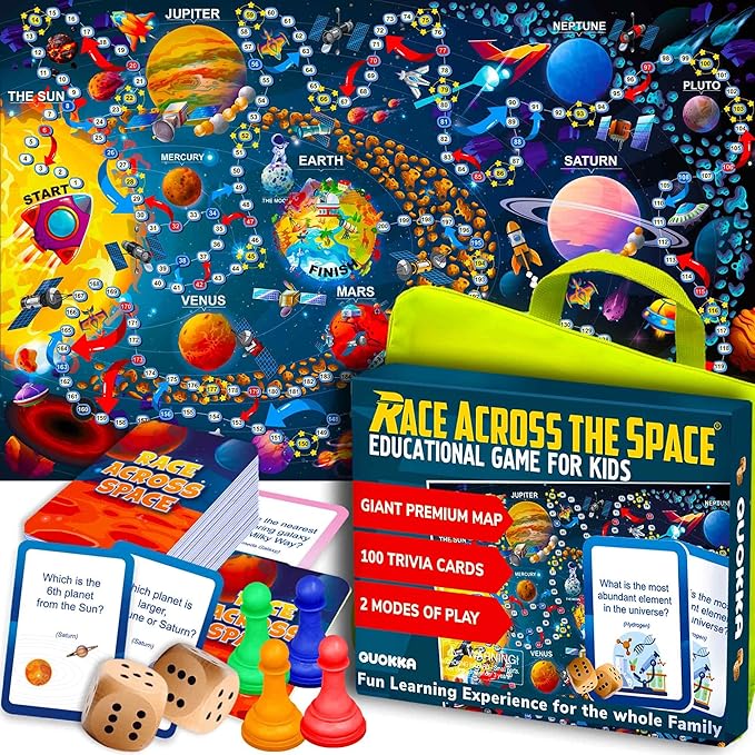 QUOKKA Space Board Game for Kids 8-12 - Learning Family Game for Teens and Adults - 130 Question Cards - Top Facts - Play Indoor &amp Outdoor - Educational Solar System Toy for 6 10 Year Olds