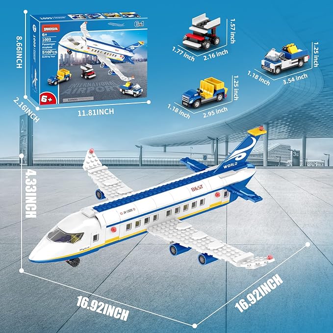City Passenger Airplane Building Set510 PCS STEM 6 in 1 Airport Passenger Plane Building Block Toy with Baggage Truck Shuttle Bus Christmas Birthday Gifts for Adults Boys Girls Age 6-12+