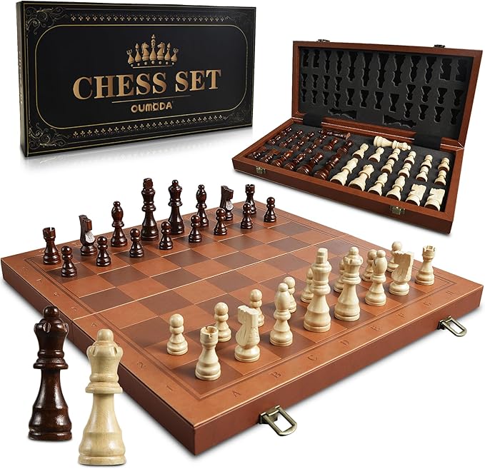 Magnetic Chess Set for Adult Kid 15.4 Leather Chess Board with Handmade Chess Piece Including 2 Extra Queens and Storage Slot Folding Portable Travel Chess Game for Beginner and Professional